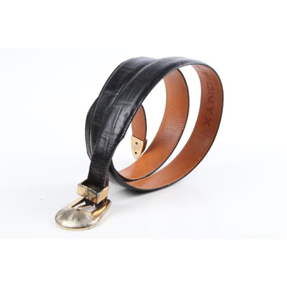 Vintage Onyx Black Croc Embossed Leather Belt Gold Buckle Classic Size 36 - Picture 13 of 13